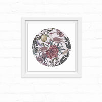 Circular botanical illustration featuring exotic birds, pink flowers, green foliage, and butterflies on white background. Illustrated by Lisel Ashlock.