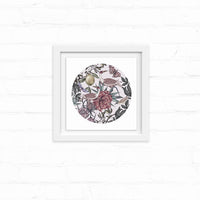 Circular botanical illustration with exotic bird, mauve flowers, and foliage in white frame on shiplap wall. Illustrated by Lisel Ashlock.