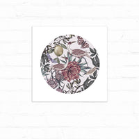 Circular botanical illustration featuring birds, flowers, and fruit in muted purple and green tones. Illustrated by Lisel Ashlock.