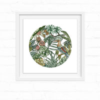 Circular botanical illustration of tropical flowers and foliage with a colorful hoopoe bird, framed in white. Illustrated by Lisel Ashlock.