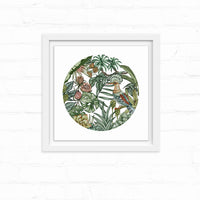 Circular illustration of tropical plants and flowers with a hoopoe bird perched among foliage. Illustrated by Lisel Ashlock.