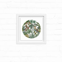 Circular illustration of lush tropical plants and flowers with a hoopoe bird, framed in white on wooden background. Illustrated by Lisel Ashlock.