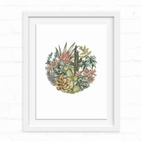 Desert succulents and cacti arranged in a circular composition with pink flowers and green foliage. Illustrated by Lisel Ashlock.