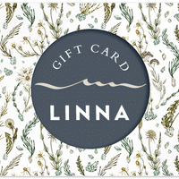 LINNA digital gift card featuring a dark circular logo with botanical herb illustrations on cream background, illustrated by Lisel Ashlock.