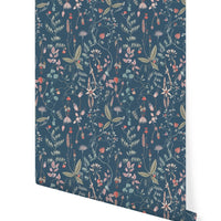 Sonoma Wallpaper in indigo with botanical floral pattern featuring pink and sage elements illustrated by Lisel Ashlock.