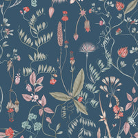 Sonoma Wallpaper in indigo featuring botanical illustrations of wildflowers and foliage. Illustrated by Lisel Ashlock.