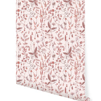 Sonoma Wallpaper in Blush features delicate botanical illustrations in mauve tones. Illustrated by Lisel Ashlock.