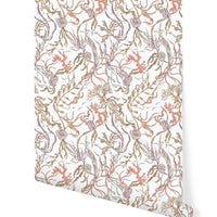 Atoll Wallpaper in white with coral and tan sea-inspired botanical pattern, illustrated by Lisel Ashlock.