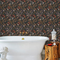 A luxurious bathroom featuring a freestanding white bathtub against coral-patterned wallpaper by Hygge & West. Illustrated by Lisel Ashlock.