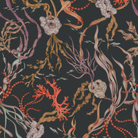 Atoll Wallpaper featuring illustrated sea corals, anemones, and small fish on dark background. Illustrated by Lisel Ashlock.