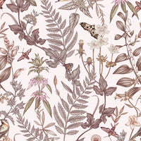 Botanical wallpaper pattern with vintage florals, birds, and butterflies in muted pink and brown tones. Illustrated by Lisel Ashlock.