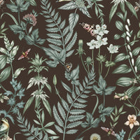 Botanical wallpaper featuring herbs, wildflowers, birds, and butterflies on a dark brown background. Illustrated by Lisel Ashlock.