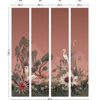 Four vertical panels of a mural featuring herons, flowering plants, and trees against a dusty rose sky. Illustrated by Lisel Ashlock.