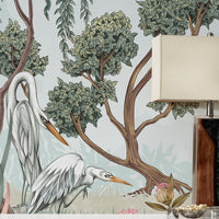 Night Heron Mural with herons, trees, and botanical details in sage tones. Illustrated by Lisel Ashlock.