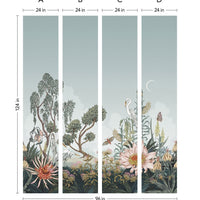 Four-panel sage wallpaper mural featuring botanical garden scene with heron, trees, flowers, and insects. Illustrated by Lisel Ashlock.