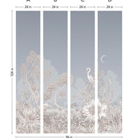 Night Heron Mural in Mist featuring botanical illustrations and wildlife by Lisel Ashlock.