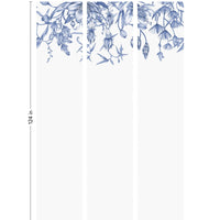 Three panels of delicate blue botanical illustrations featuring hanging flowers and foliage on white background. Illustrated by Lisel Ashlock.