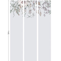 Three panels of botanical wall mural with hanging flowers and leaves on cloud grey background. Illustrated by Lisel Ashlock.