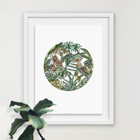 Circular botanical illustration featuring a hoopoe bird among tropical plants and flowers. Illustrated by Lisel Ashlock.